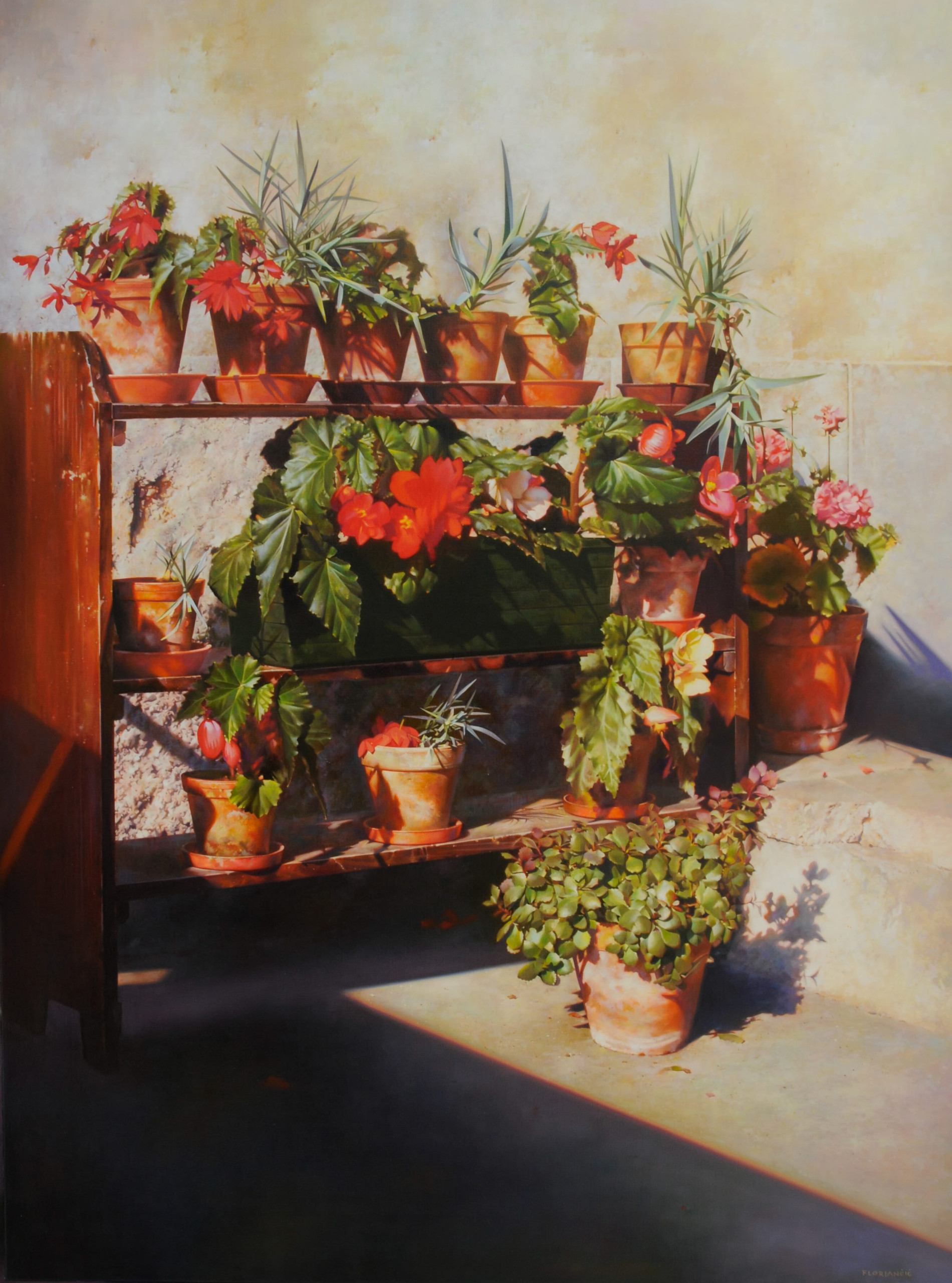 Still life oil painting by Pavel Florjančič depicting terracotta pots with blooming flowers on wooden shelves, illuminated by warm afternoon sunlight.