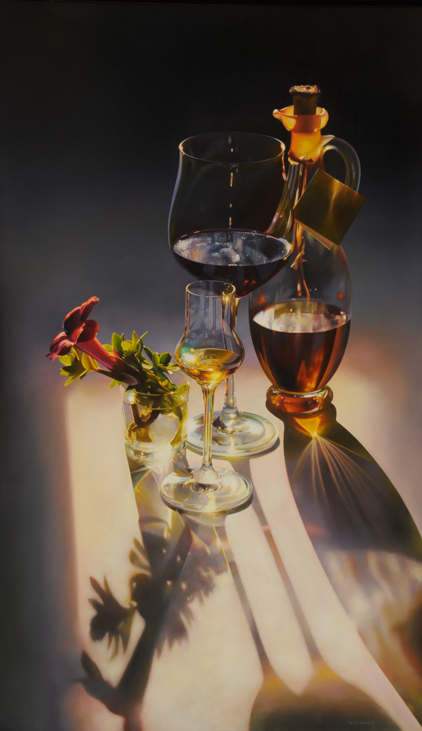 Still life oil painting by Pavel Florjančič featuring wine and liqueur glasses with a red flower in warm evening light, showcasing reflections and shadows on a white surface.