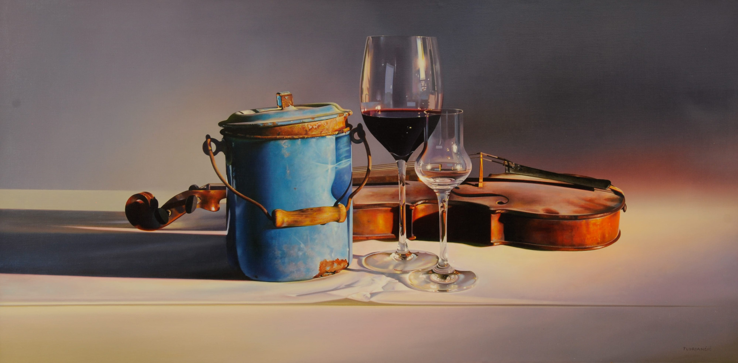 Still Life with Violin and Wine Glasses – Oil Painting by Pavel Florjančič Still life oil painting by Pavel Florjančič featuring a violin, wine glasses, and a blue metal container on a white table.
